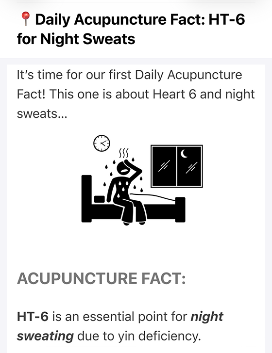 Example daily acupuncture fact email about HT-6 for night sweats