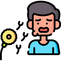 Man sneezing as pollen flies from a yellow flower