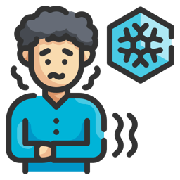 Shivering person with chattering teeth beside a snowflake icon