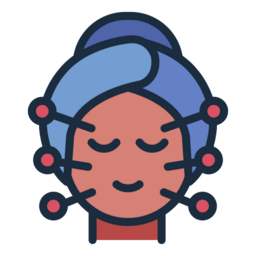 Woman with a headwrap and closed, peaceful eyes, red-capped acupuncture needles around her face