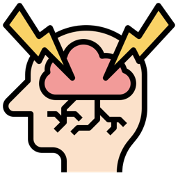 Head with a highlighted brain and lightning bolts striking both sides