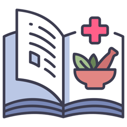 Open book with a mortar and pestle and a medical cross icon