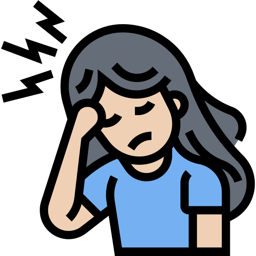 Woman holding her head in pain with lightning bolts nearby
