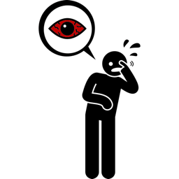 Person rubbing an eye beside a red irritated eye illustration