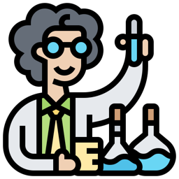 Scientist in a lab coat holding up a test tube beside lab flasks