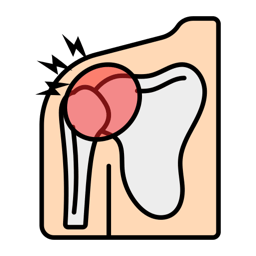 Shoulder joint cross-section with an inflamed red joint and pain marks