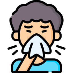 Curly-haired person blowing their nose into a tissue with motion lines