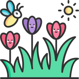 Bee flying over blooming flowers and grass with sun